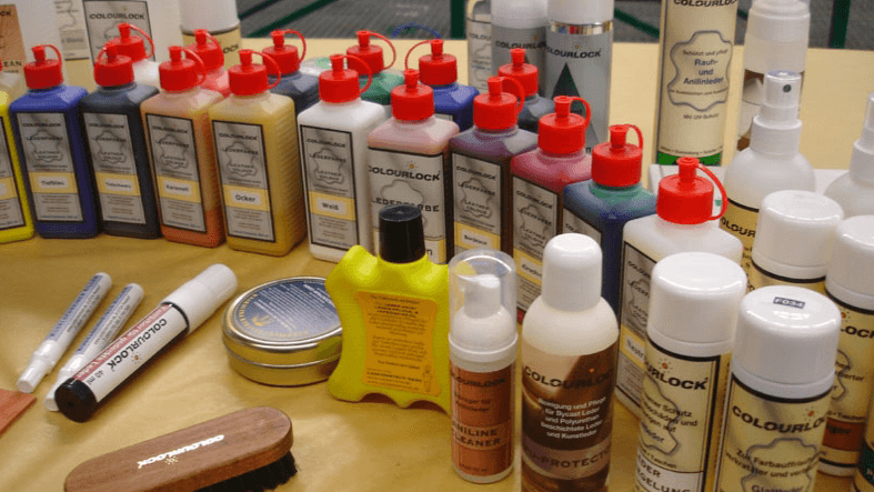 farby, narzędzia i inne środki do napraw skór